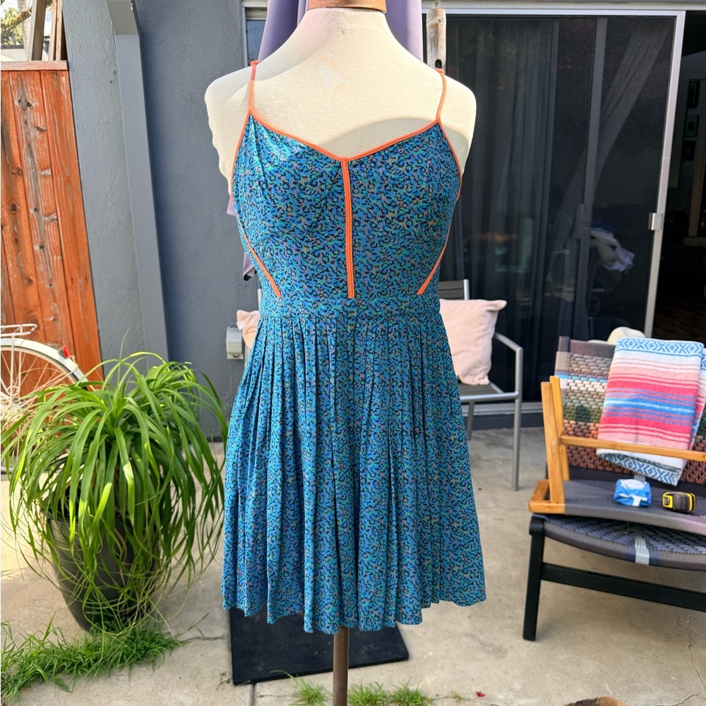 Cooperative Blue Floral Mini Dress with Orange Trim